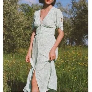 ROUJE Pastel Mint Green Floral Printed Button Down V Neck Laura Midi Dress 2/4